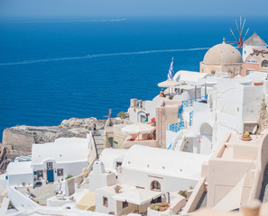  Picturesque view of traditional Santorini streets, Location: Oia village, Santorini, Greece. Vacations and adventure concept.