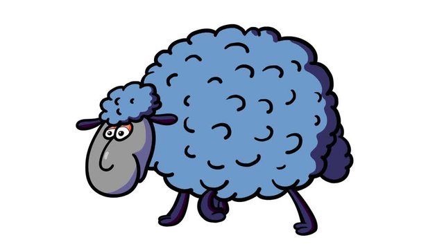 Cartoon sheep blue character moves with mask – walking, sitting, sleeping, standing. Loop. Seamless transitions with outline and alpha channel. Funny isolated pet animation useful for any project.