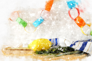 watercolor style and abstract image of Jewish festival of Sukkot. Traditional symbols (The four species): Etrog, lulav, hadas, arava