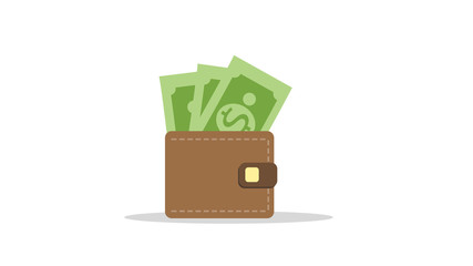  Brown wallet with green paper money. Wallet with money dollar bank note flat design isolated