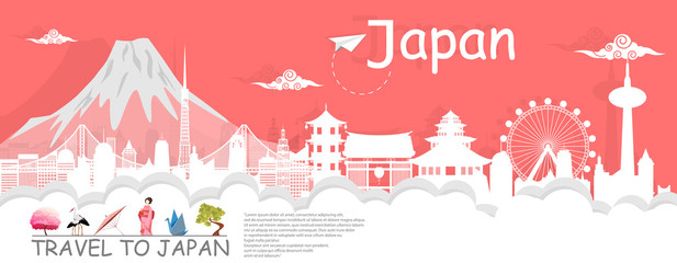 Panorama travel postcard, tour advertising world famous landmarks of Japan, paper cut style - Vector illustration.