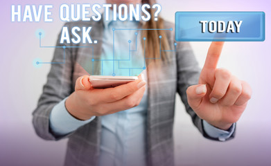 Word writing text Have Questionsquestion Ask. Business photo showcasing something that you say or write to ask a demonstrating Lady front presenting hand blue glow futuristic modern technology tech