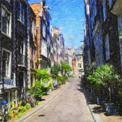 Fototapeta na wymiar Oil painting colorful old european street view. Digital drawing print for canvas, paper. Contemporary fine impressionism art. Postcard, poster, stationary design. Travel in Europe, beautiful houses.