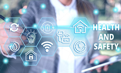 Handwriting text Health And Safety. Conceptual photo procedures intended to prevent accident in workplace Female human wear formal work suit presenting presentation use smart device