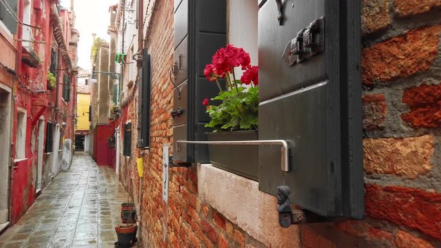VENICE, Italy - May 2019: Traditional italian street with retro houses after the rain, shutters on the windows. Flowers grow on the windowsill. Slow motion.