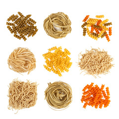different kinds of pasta isolated on white background