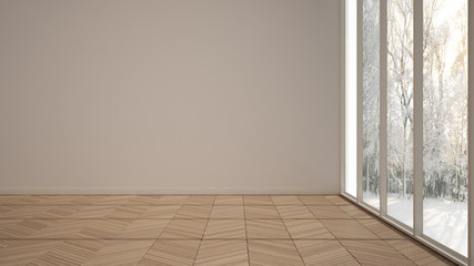 Empty room interior design, open space with white walls and parquet wooden floor, modern contemporary architecture, morning light, panoramic windows, mock-up with copy space