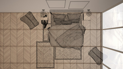 Empty white interior with parquet floor, custom architecture design project, black ink sketch, blueprint showing bedroom interior design, top view, plan, above