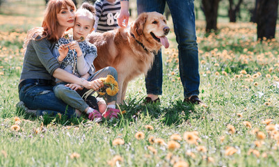 happy family and their pet on the grass in spring Park .