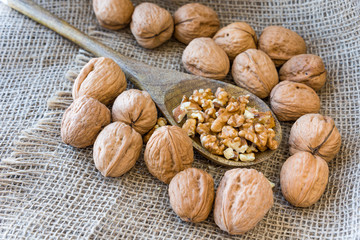 On burlap, peeled walnuts peeled on a wooden spoon.