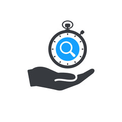 Time management icon with research sign, explore, find, inspect symbol. Hand holding stopwatch