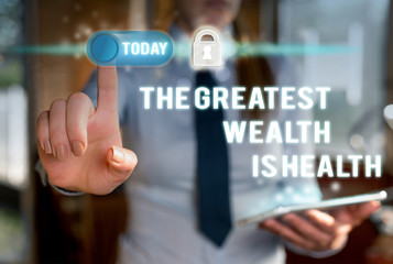 Fototapeta na wymiar Writing note showing The Greatest Wealth Is Health. Business concept for Many sacrifice their money just to be healthy Modern technology Lady front presenting hands blue glow copy space