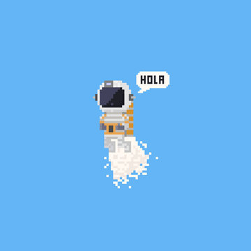 Pixel flying astronaut saying hola.8bit character.
