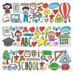 Vector set of Back to School icons in doodle style. Painted, colorful, pictures on a piece of paper on white background.