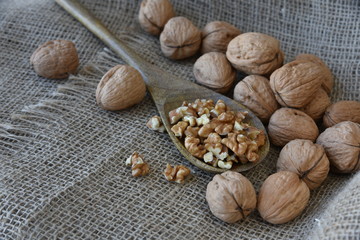 On burlap, peeled walnuts peeled on a wooden spoon.