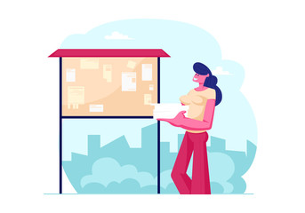 Young Woman Holding Heap of Paper Blanks Stand in front of Bulletin Board with Posted Advertising Flyers on City View Background. Side Job for Students, Marketing. Cartoon Flat Vector Illustration