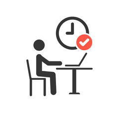 Working process icon with check sign, approved, confirm, done, tick, completed symbol. Pictogram Businessman Working on Computer