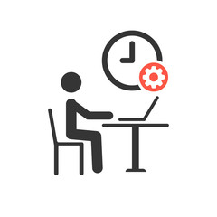 Working process icon with settings sign, customize, setup, manage, process symbol. Pictogram Businessman Working on Computer