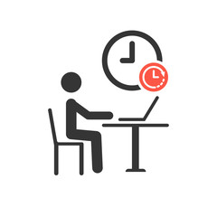 Working process icon with clock sign, countdown, deadline, schedule, planning symbol. Pictogram Businessman Working on Computer