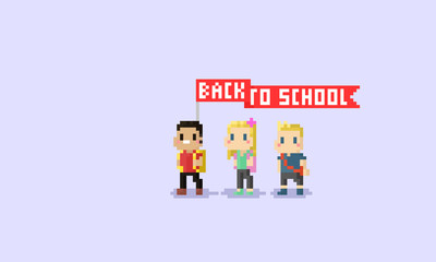Pixel art cartoon student character with red flag.