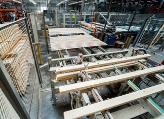 Production line of the wooden floor factory. CNC automatic woodworking machine.