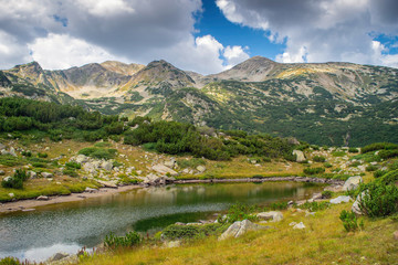 Fototapeta na wymiar Path between Bezbog lake and hut and the Popovo lake in Pirin national park, near Bansko, Bulgaria