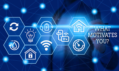 Text sign showing What Motivates Youquestion. Business photo text know reasons why you want to wake up each morning Female human wear formal work suit presenting presentation use smart device