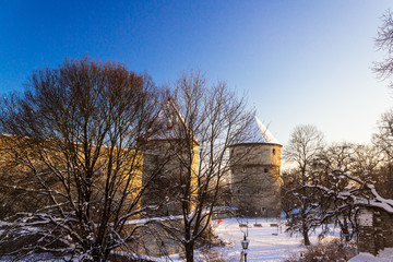 Towers of old town in Tallinn, Estonia. Winter.