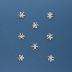 Christmas composition. Snowflake top view background with copy space for your text. Flat lay.