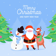 Merry Christmas characters of Santa Claus, Reindeer and Snowman. Happy Winter Holidays New Year greeting card, poster or design template. Vector illustration