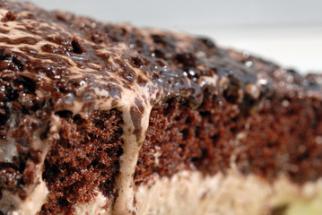 Chocolate cake with cream filling closeup. Shallow depth of field