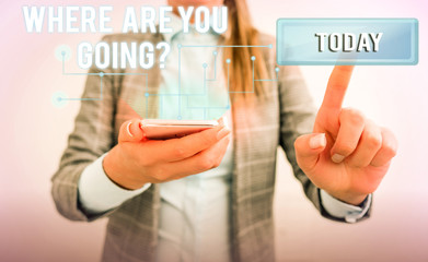Word writing text Where Are You Goingquestion. Business photo showcasing used to ask someone the destination headed to Lady front presenting hand blue glow futuristic modern technology tech look