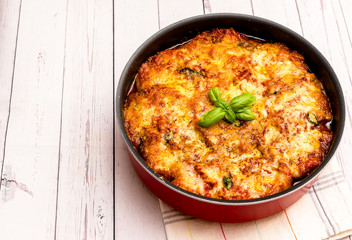 Eggplant with parmesan in a tray traditional Italian recipe