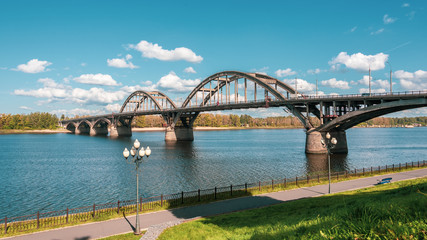 Bridge across the Volga river in town of Rybinsk, Russia