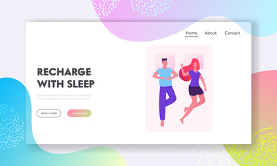 Sleeping People Website Landing Page. Heterosexual Couple Man and Woman Lying in One Bed Relaxing and Dreaming at Night Time for Leisure and Relaxation Web Page Banner Cartoon Flat Vector Illustration