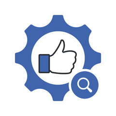 Quality control symbol with thumb up in gear sign. Quality management icon with research sign, explore, find, inspect symbol