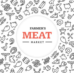 Meat Butchery Signs Round Design Template Thin Line Icon Concept. Vector