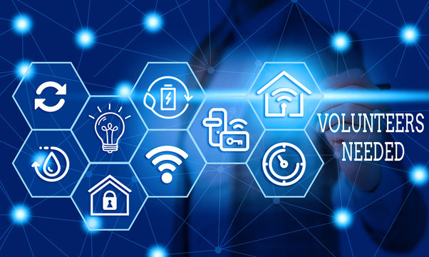 Text sign showing Volunteers Needed. Business photo text need work or help for organization without being paid Female human wear formal work suit presenting presentation use smart device