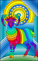 Illustration in stained glass style with abstract geometric rainbow ram on a blue background 