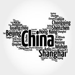 List of cities and towns in CHINA, map word cloud, business and travel concept background