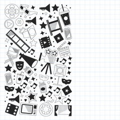 Vector pattern with cinema icons. Movie Theater, TV, popcorn, video clips, musical
