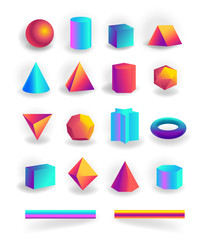 Set of 3d geometric shapes and editable strokes with holographic gradient isolated