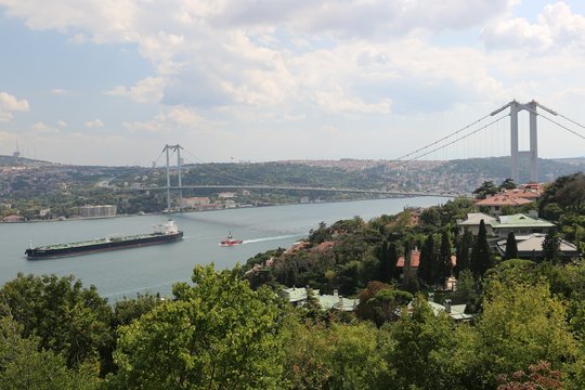Judas trees (Turkish: Erguvan) in Istanbul. Beautiful spring view of the Istanbul Bosphorus from Otagtepe. Fatih Sultan Mehmet Bridge. Istanbul, Turkey.