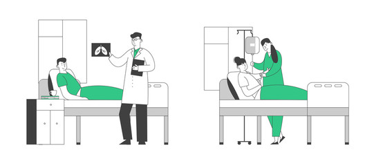 Patients Man and Woman Lying in Hospital Chamber. Doctor Watching X-ray Image of Lungs in Pulmonology Department, Nurse Set Up Dropper to Young Sick Girl Cartoon Flat Vector Illustration, Line Art