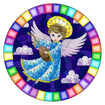 Illustration in stained glass style with cartoon  angel  in blue dress playing the lute against the cloudy night sky,round image in bright frame