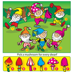 Obraz na płótnie Canvas Vector illustration with a puzzle where you need to choose the right mushroom for each gnome.