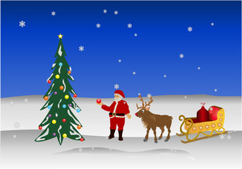 Babbo natale allestisce un abete con palline colorate insieme a renna, slitta e sacco dei doni