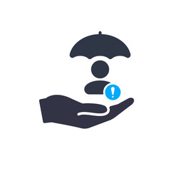 Account security sign. User with umbrella, protection concept icon with exclamation mark, alert, error, alarm, danger symbol