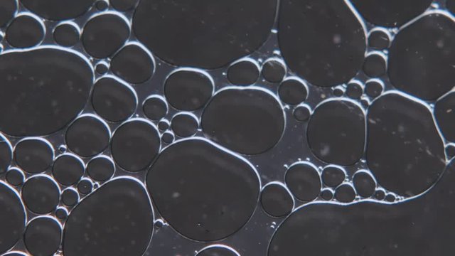 Macro shot of flattened air bubbles in aquaeous surrounding. Small and big air pockets under water. Gas trapped in bubbles inbetween flat glass surfaces.