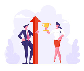 Business Competition Winners. Businesswoman Holding Golden Goblet and Businessman with Huge Red Arrow Goal Achievement. Victory Celebration, Success and Leadership. Cartoon Flat Vector Illustration
